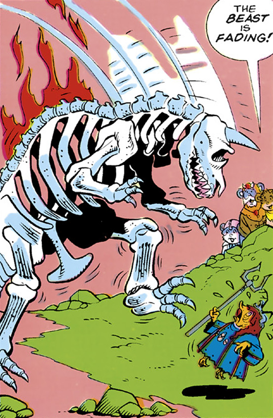 The skeleton of the Kreegon falls upon Morag.