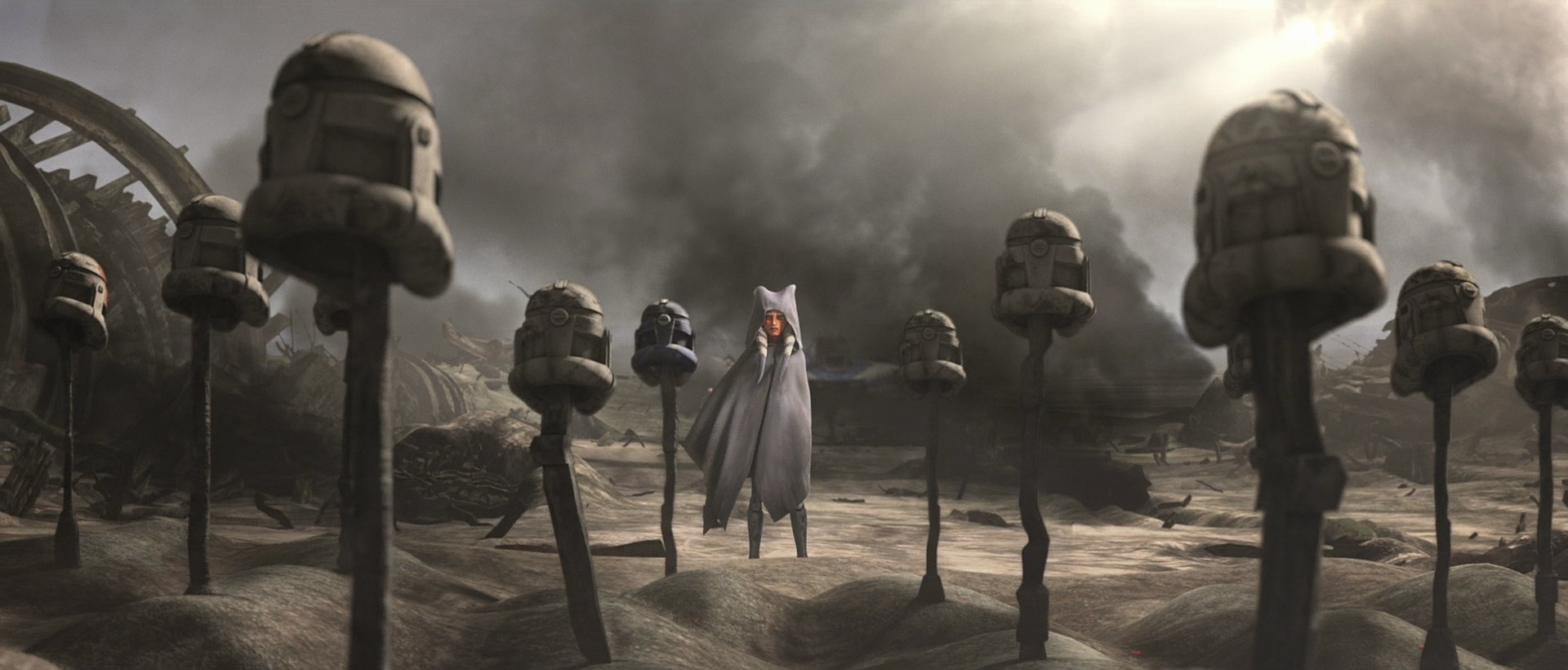 Ahsoka stands before the graves of her fallen troops.