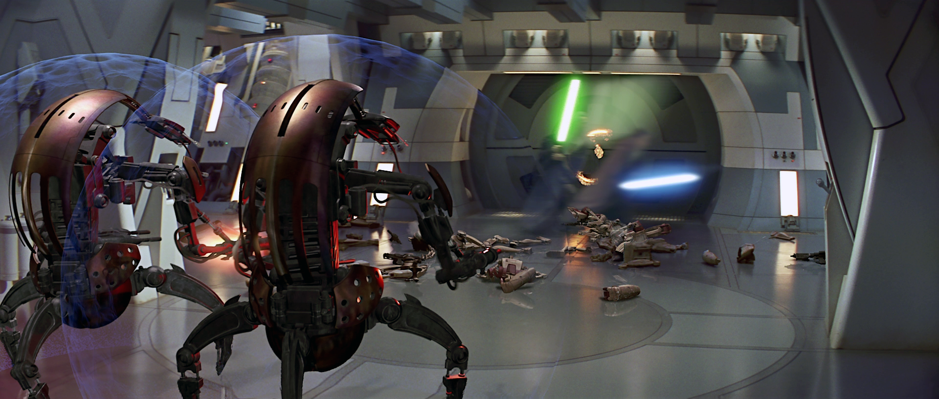 Qui-Gon Jinn and Obi-Wan Kenobi using Force speed to escape droidekas.