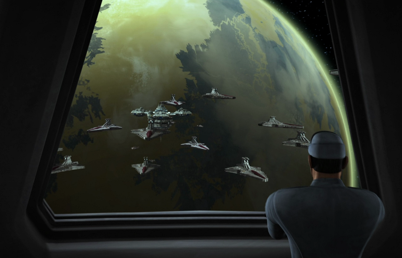 A hologram of a clone naval officer overlooks the Republic Navy from the Separatist-controlled Venator.