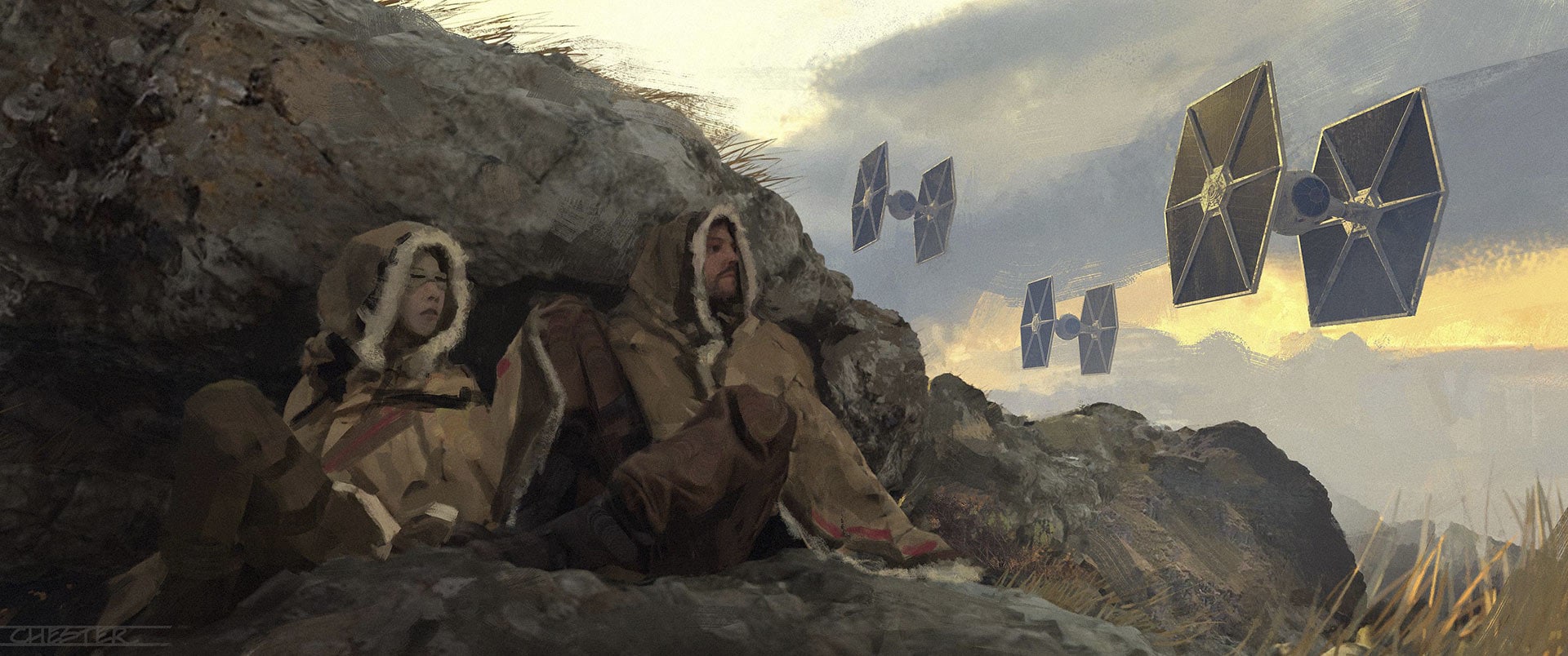 Concept art of Cassian Andor and Vel Sartha Scenes hiding from TIE fighters on Aldhani by Chester Carr