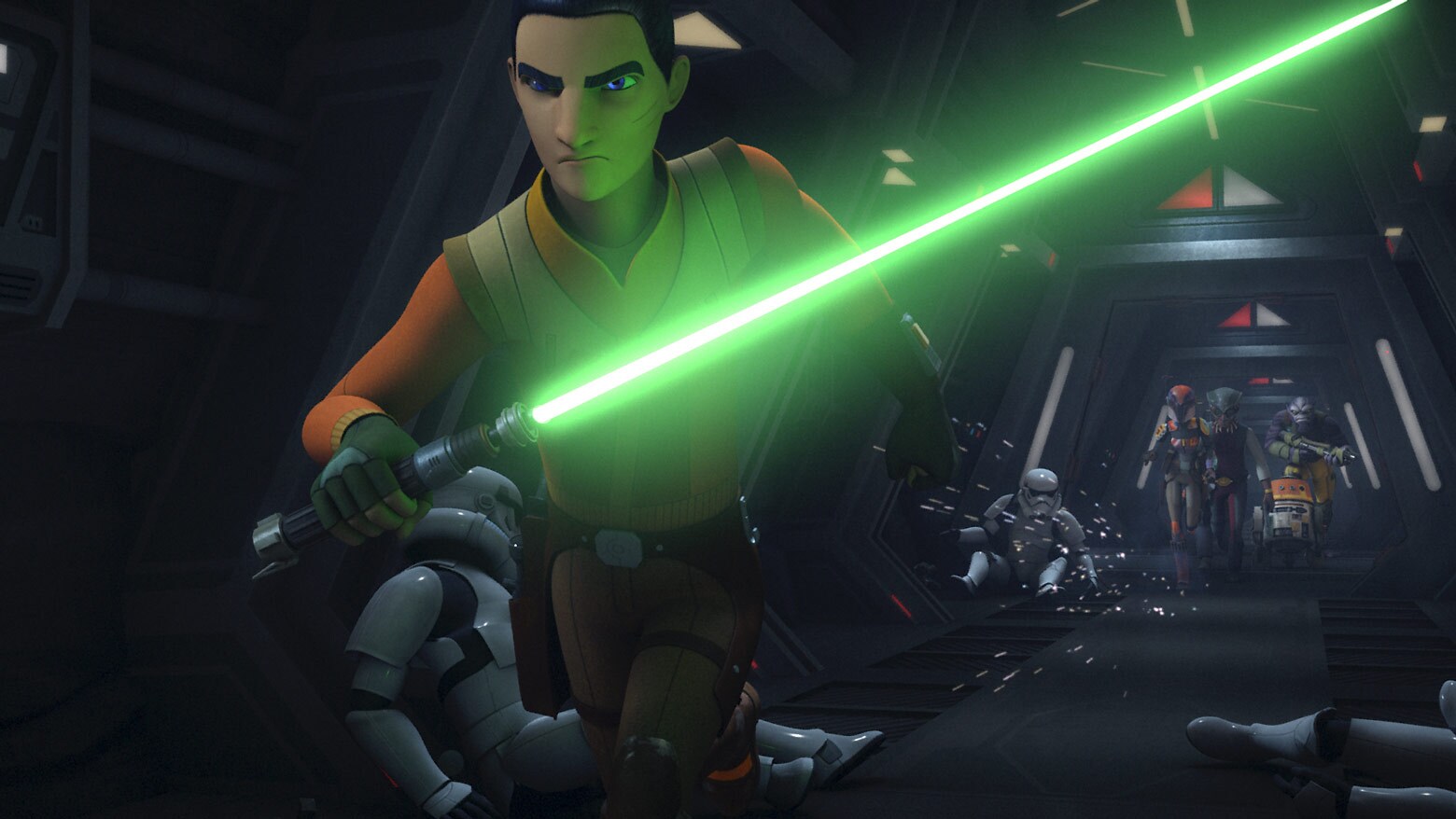 Ezra wielding his lightsaber in combat.