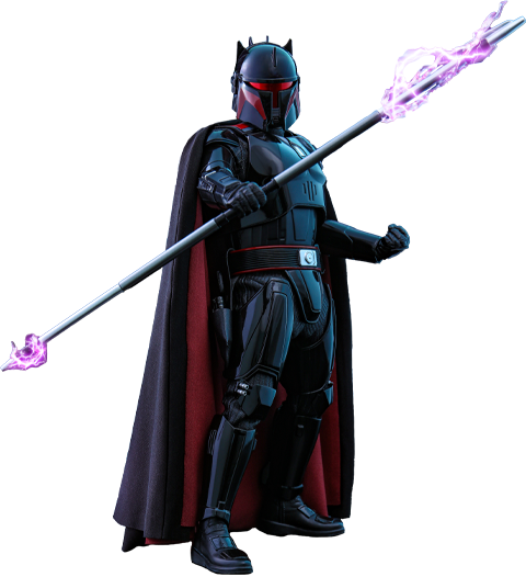 Gideon wearing his Phase 4 Dark Trooper armor and wielding an electrostaff.