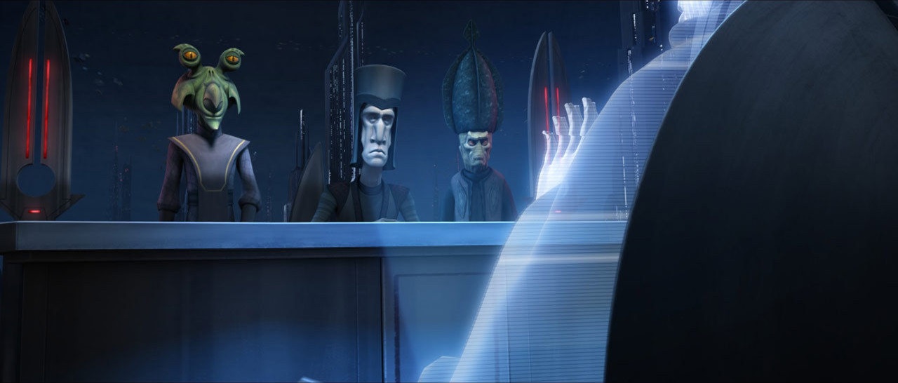 Dod, Saam, and Card conspire with Count Dooku to bomb Coruscant's power generator.