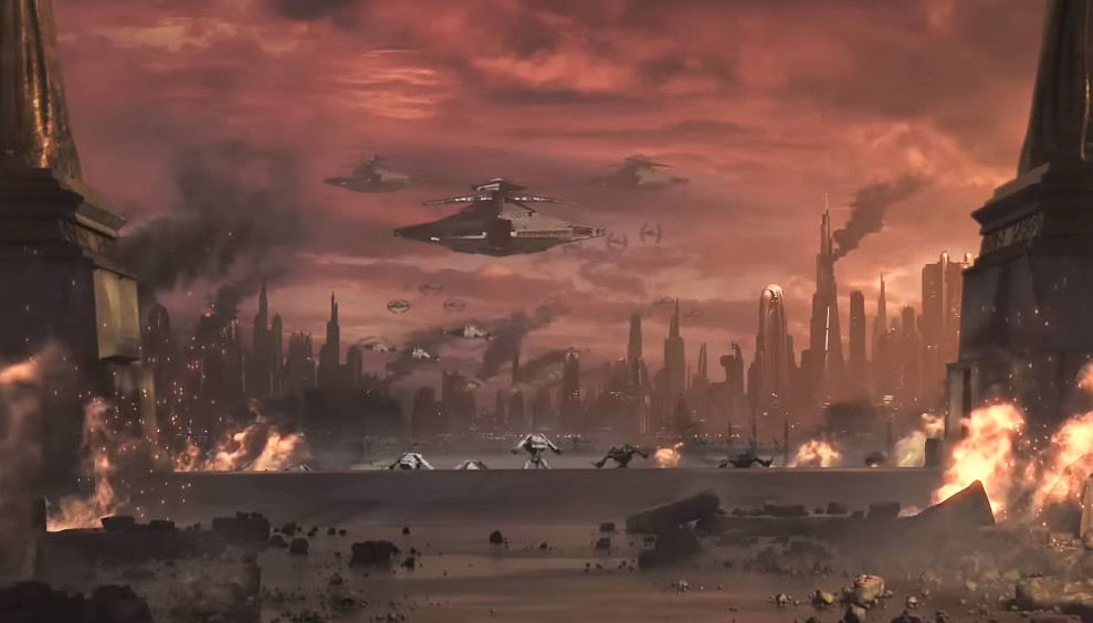 Sith dreadnoughts above Galactic City.