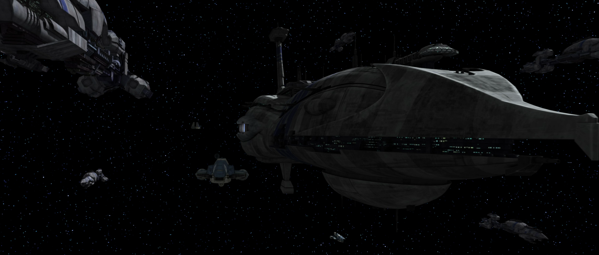 D-Squad's Maxillipede shuttle approaches Aut-O's Separatist dreadnought.