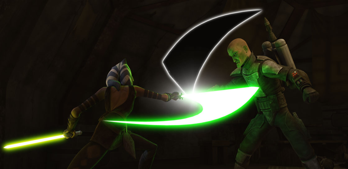 Vizsla using the Darksaber against Tano