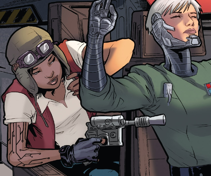 Aphra holds Tolvan captive during the raid on Somelik.