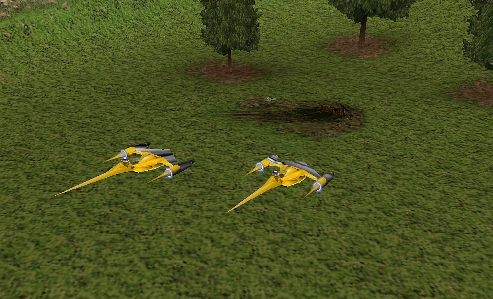 Captain Kael's downed starfighter, with Gavyn Sykes in a speeder, and Vedd Deviss and Lutin Hollis in their respective starfighters