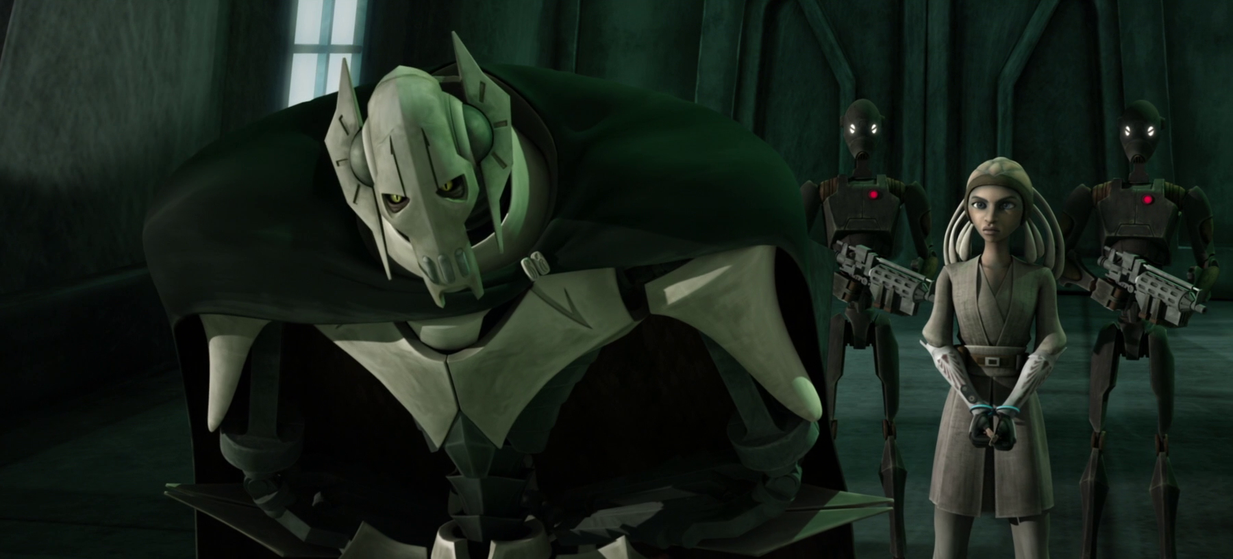 Taken prisoner by General Grievous, Gallia watches as he orders an attack on a nearby pirate ship.