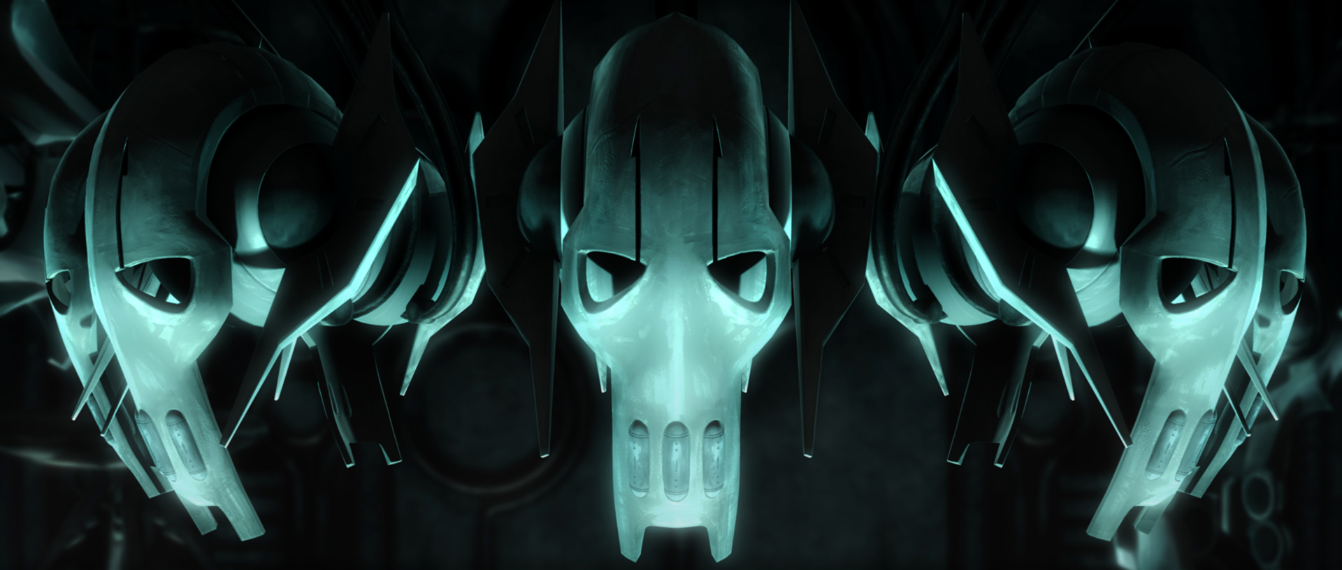 Grievous' several cyborg masks in his lair.