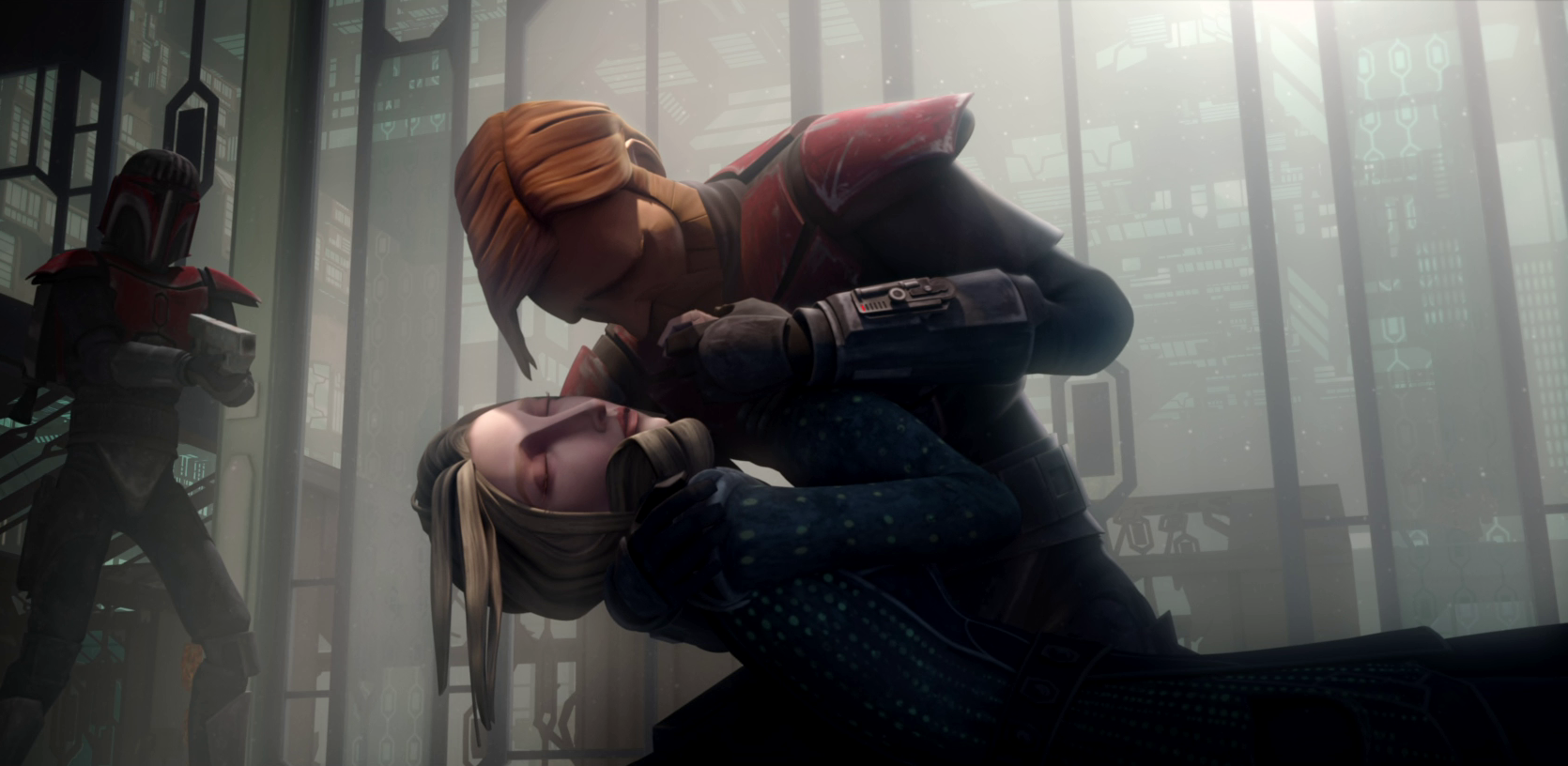 Satine Kryze dying in the arms of Kenobi.