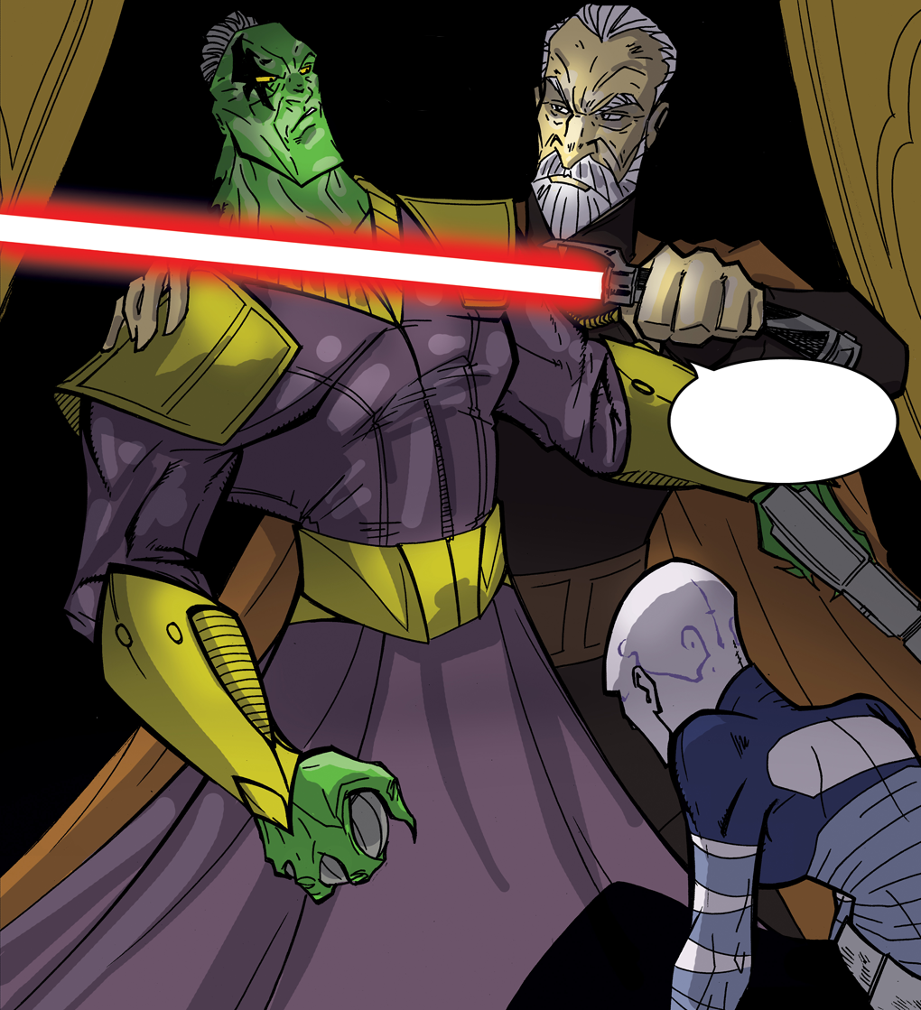 Dooku forces the king of Falleen to surrender.