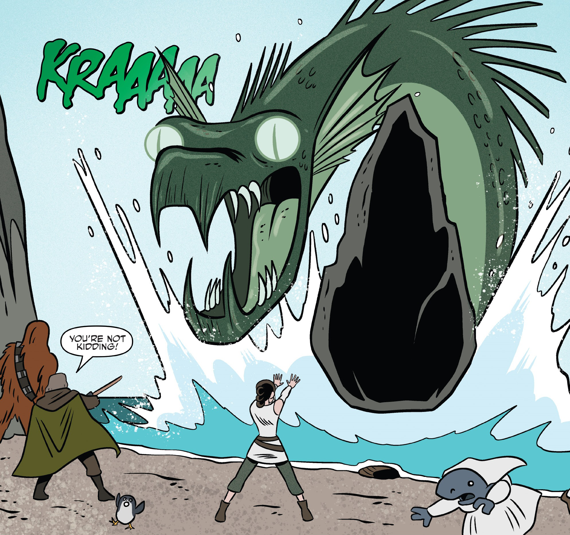 Rey disturbed and then fought a pallaskean, a giant aquatic monster.