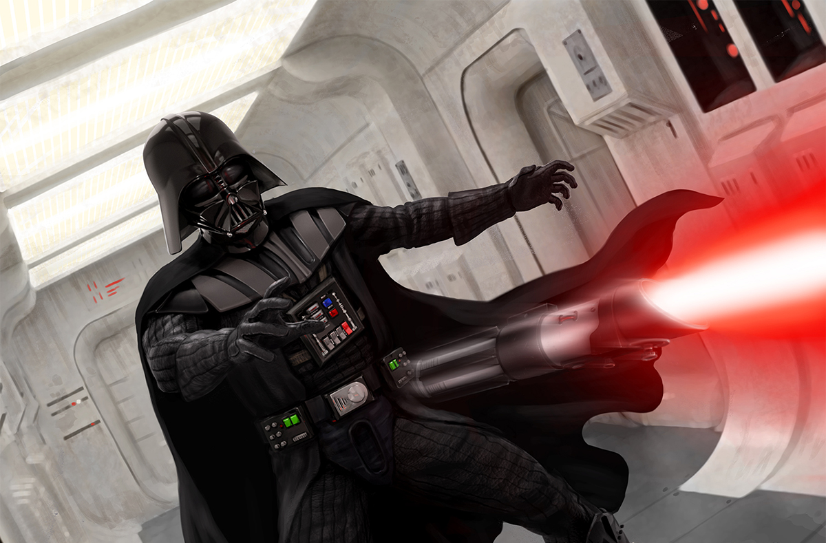 Darth Vader throws his lightsaber down the hallway of a ship.