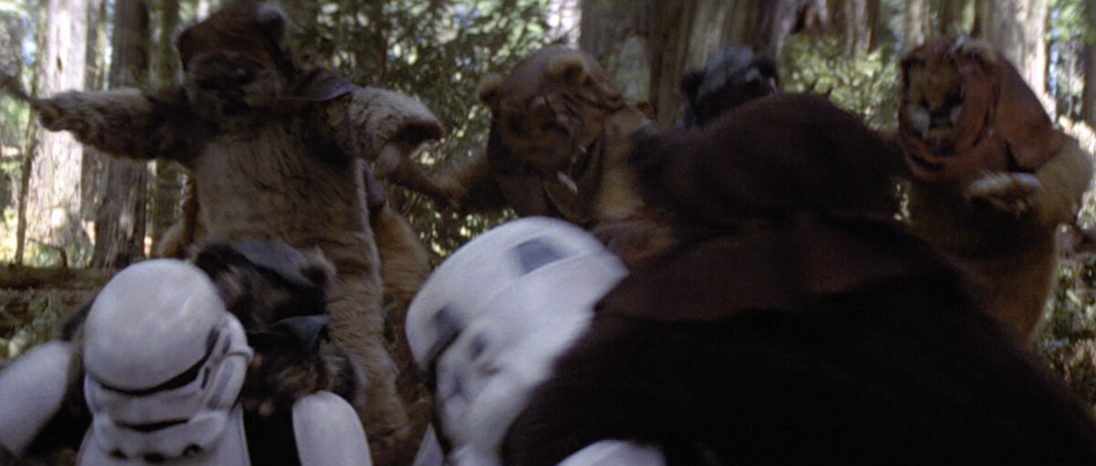 Ewoks clash with Imperial stormtroopers to liberate their homeworld