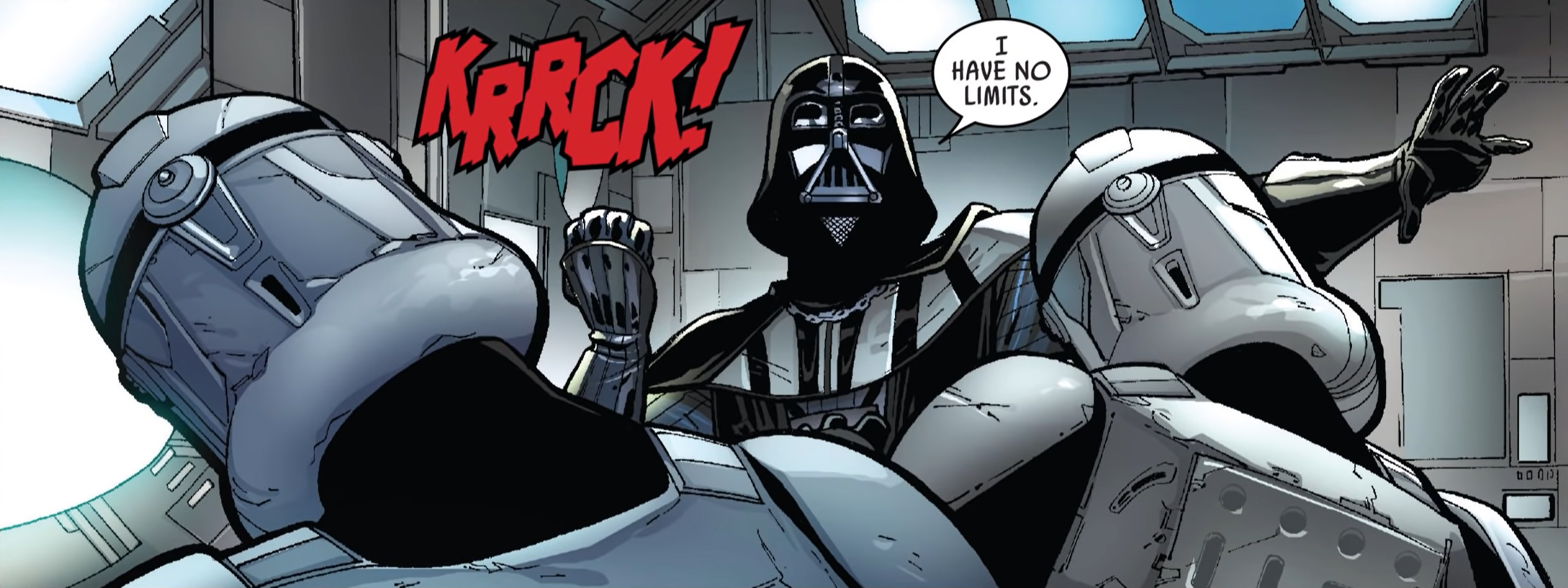 Consumed by rage in his first days as a Sith, Vader kills clone troopers "Ding" and "Kicker" while declaring he has no limits.