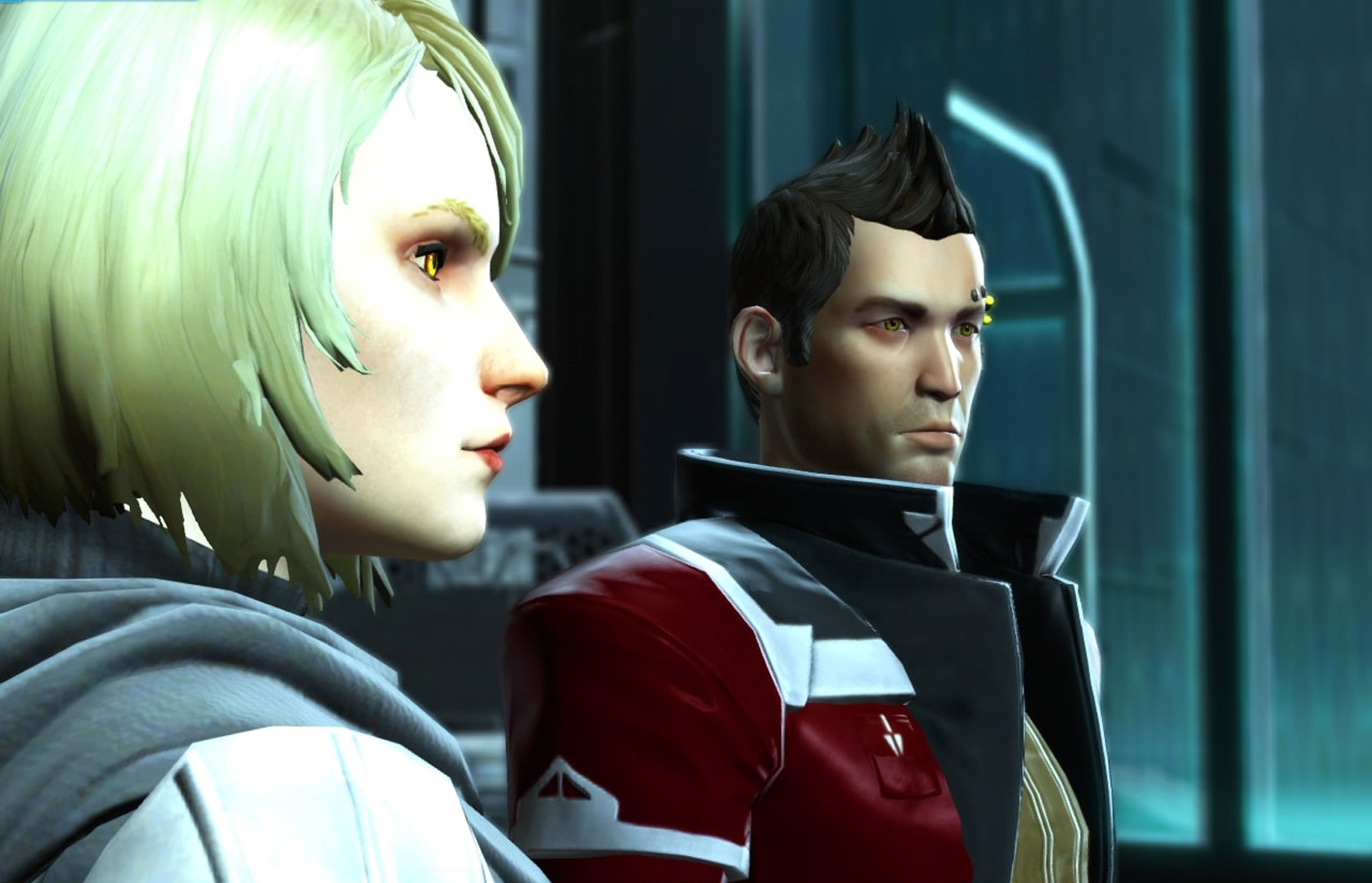 Lana Beniko and Theron Shan discuss the news of a traitor with the Commander.