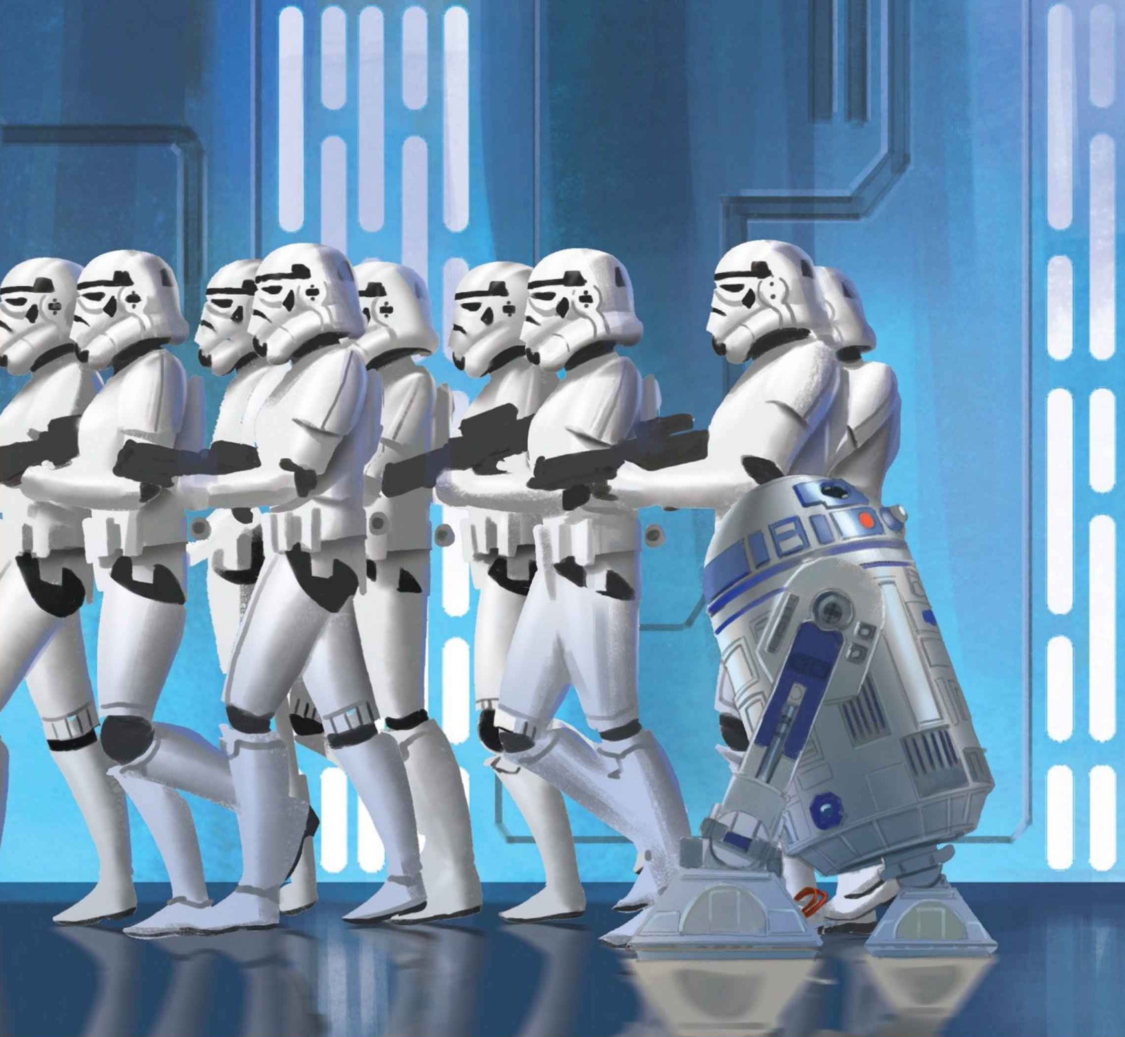 R2-D2 passes stormtroopers