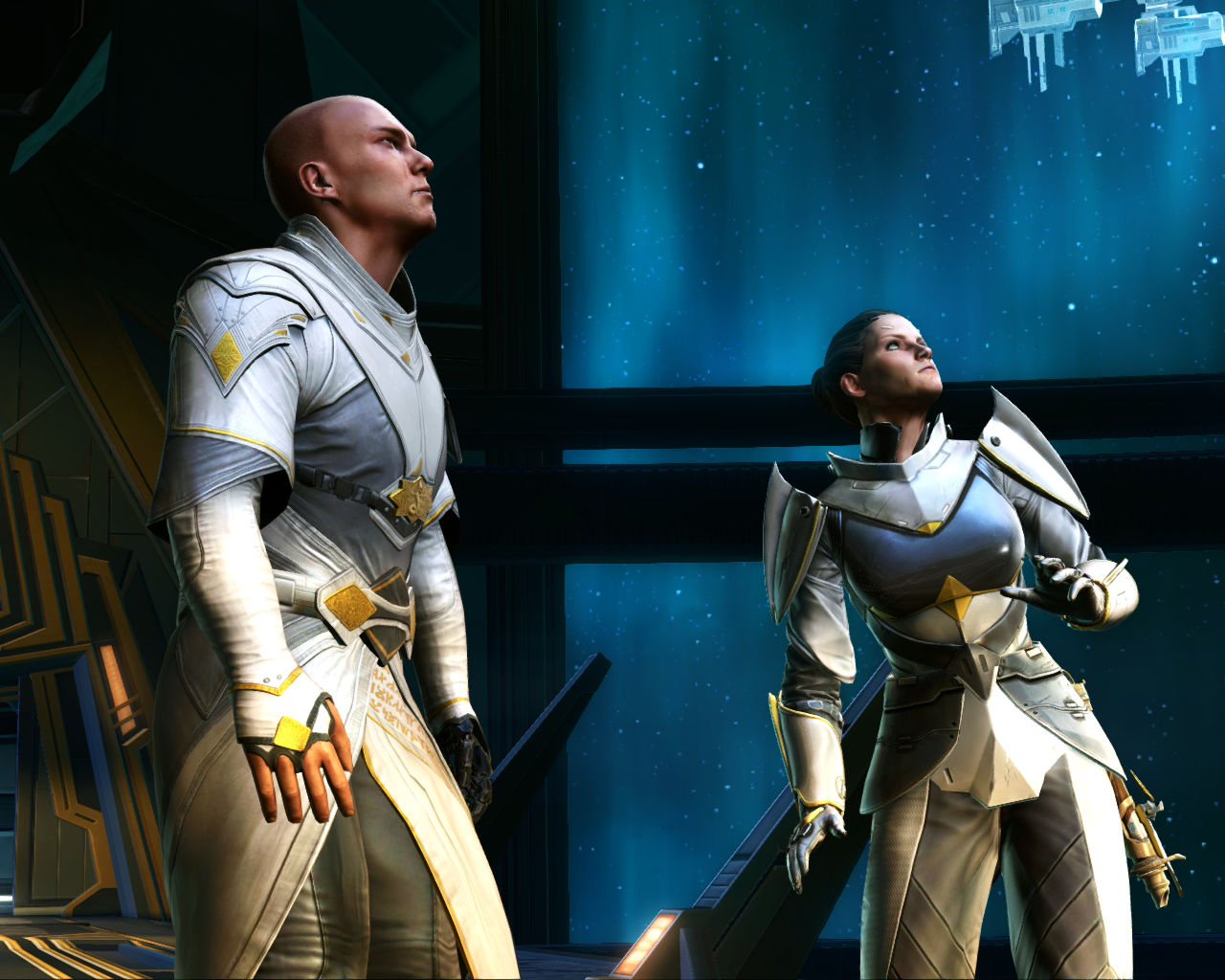 Senya and Arcann watch as Commander claims the Eternal Throne.