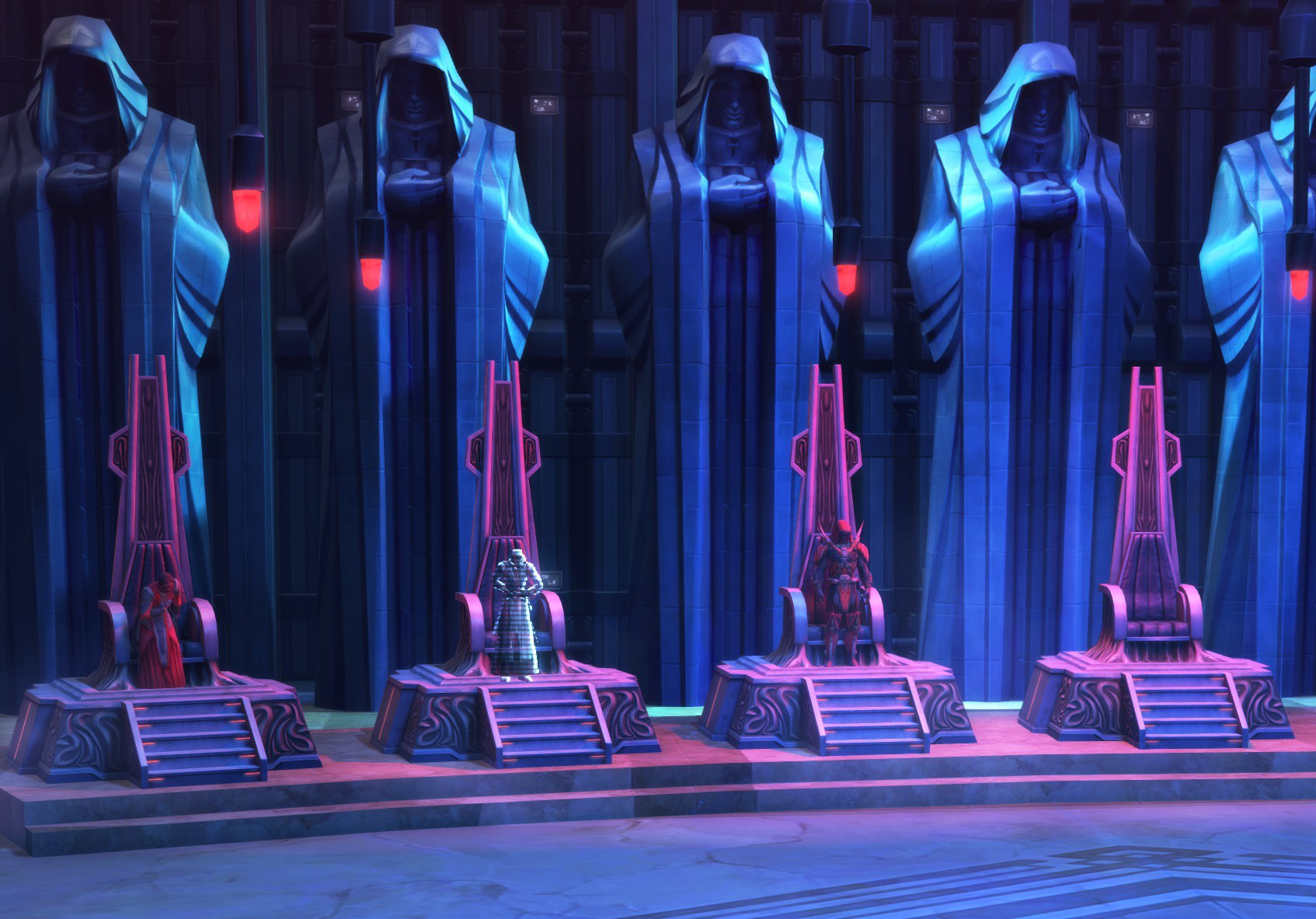 Dark Council members bow to the new Emperor's Wrath after the death of Darth Baras