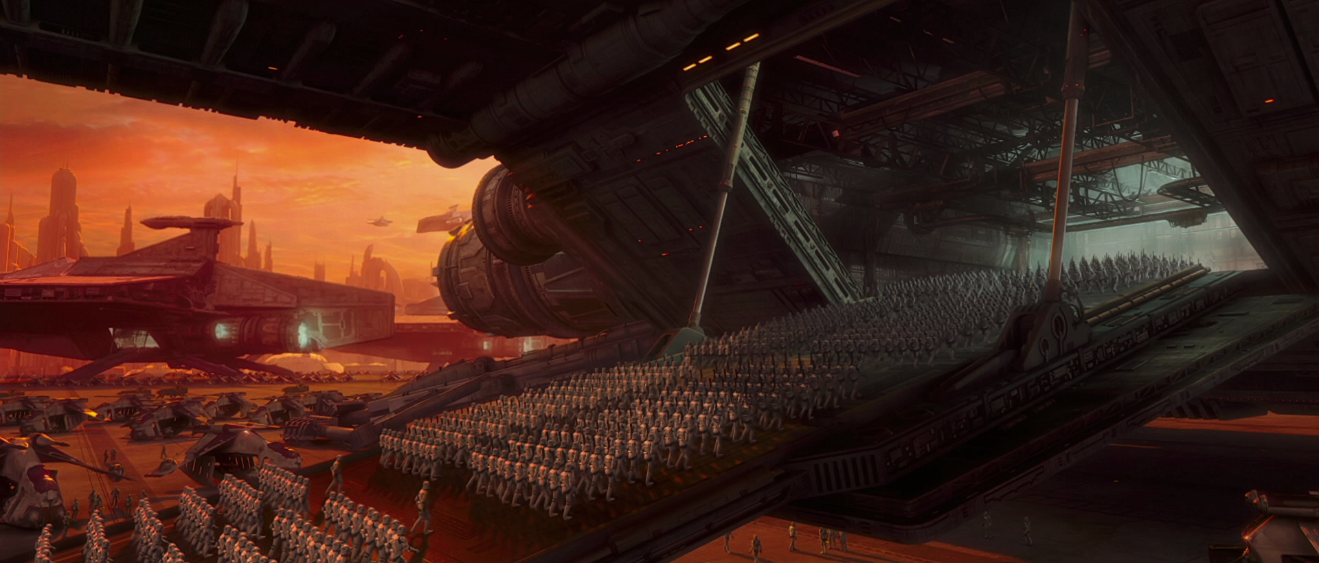 Clone troopers march up a boarding ramp of an Acclamator on Coruscant.