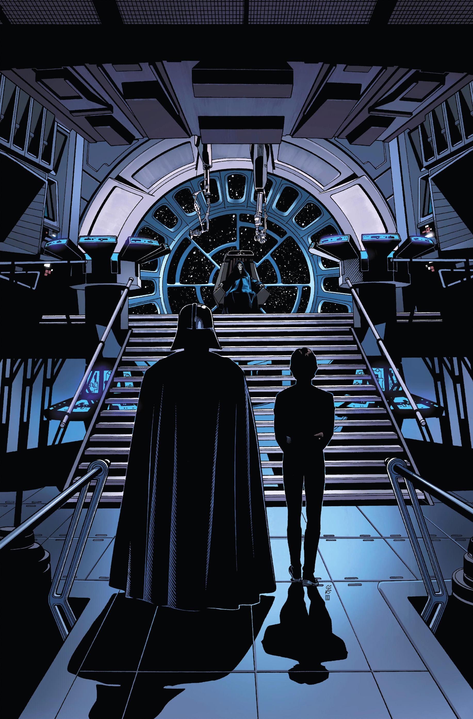 Darth Vader escorts his son into the Emperor's Throne Room on the Death Star.