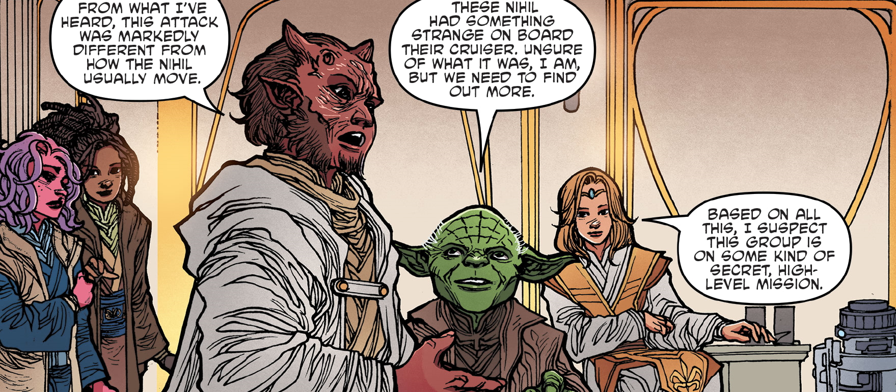 Yoda discusses Zeen Mrala and the Nihil's secrets with Estala Maru and Avar Kriss.