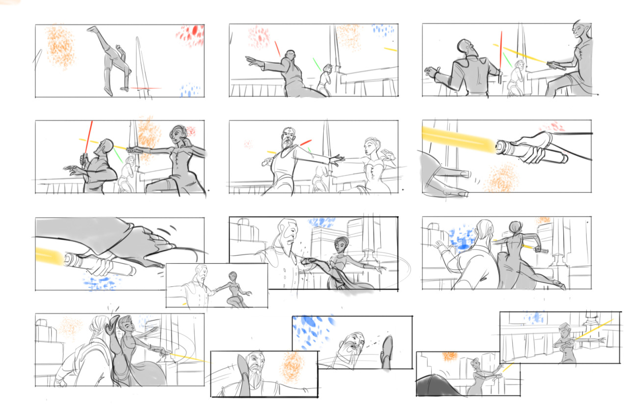 Storyboards for the duel on Raxus by Spyros Tsiounis