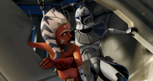 Rex and Ahsoka Tano brace themselves for a crash landing on the Liberty.
