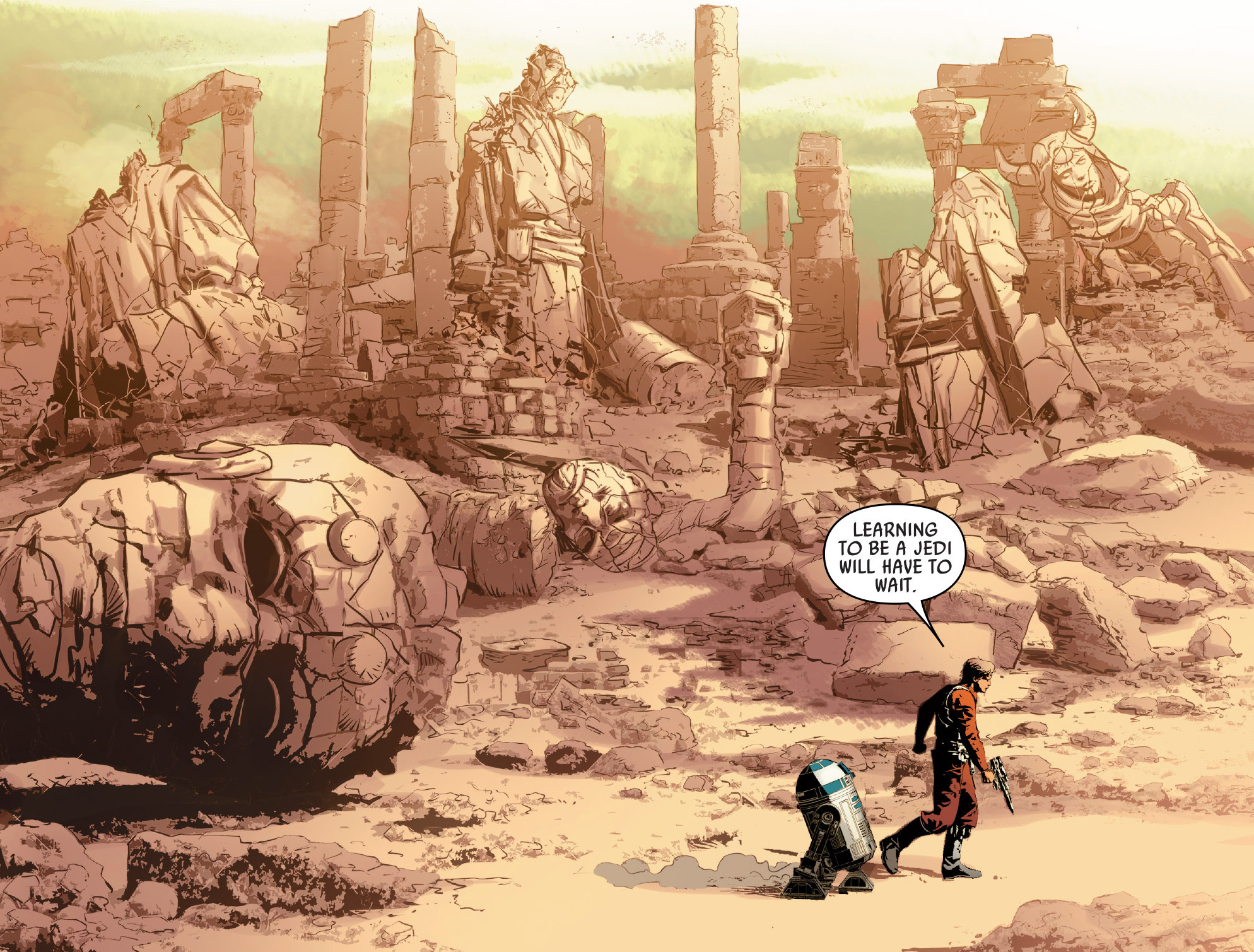 Luke Skywalker walks past the Jedi Temple ruins.