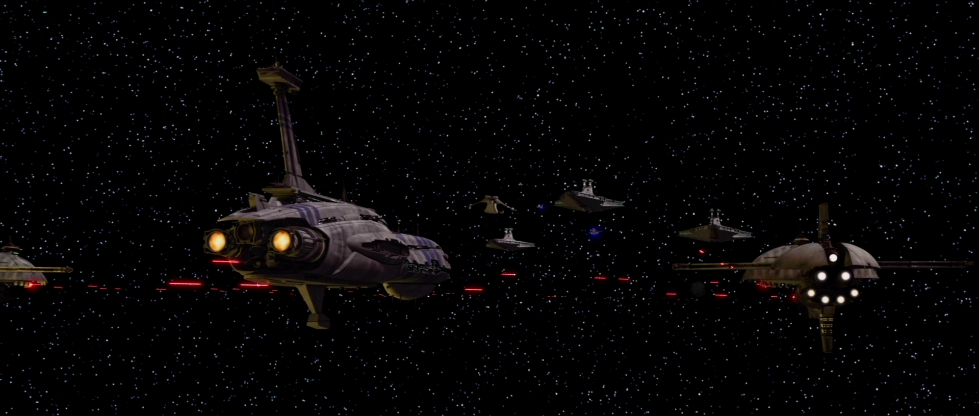 The Separatist fleet engages the attacking Republic fleet.