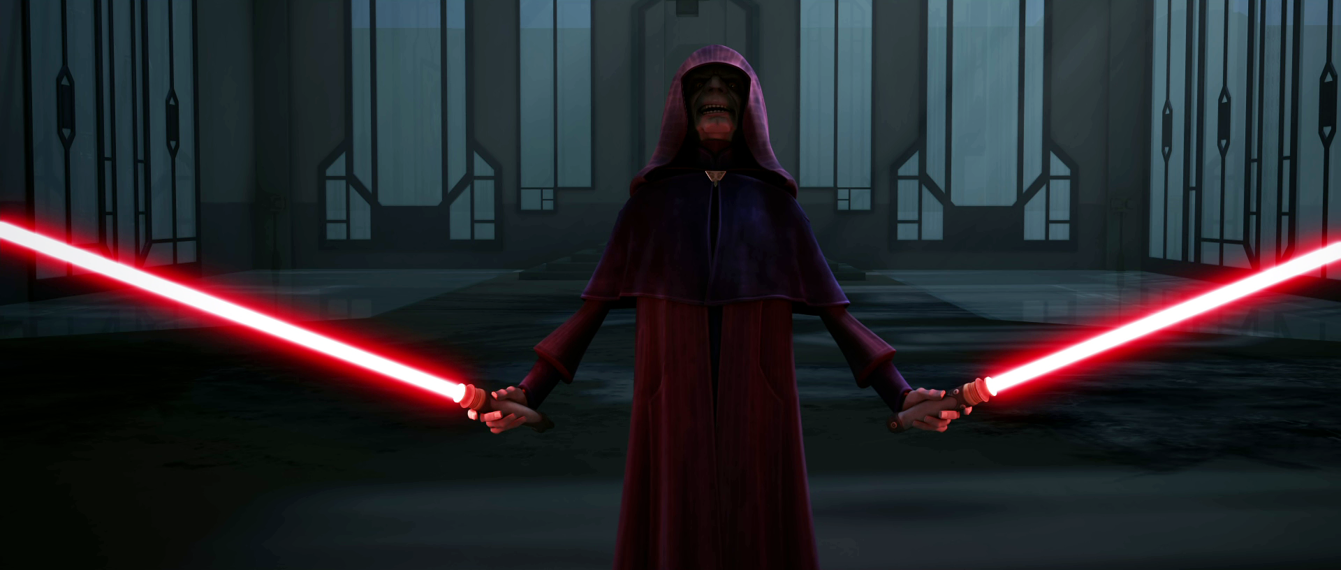 Darth Sidious wielding both weapons on Mandalore