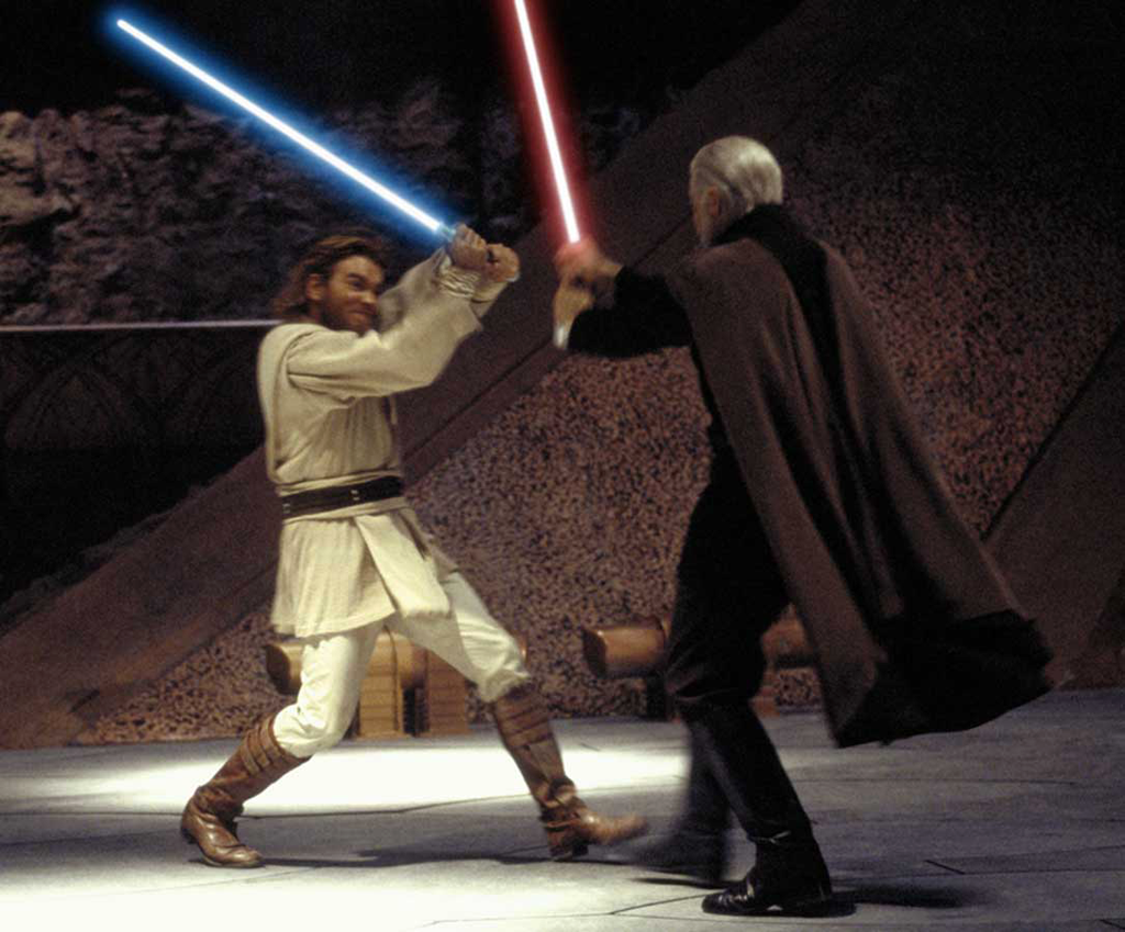 Kenobi duels the Sith Lord Darth Tyranus on Geonosis.