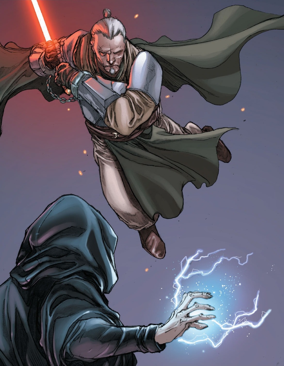 Kota attacks Palpatine with the Sith Lord's own lightsaber.