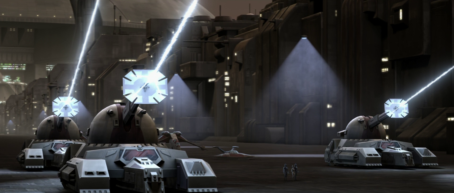 RX-200 Falchion-class assault tanks attacking the Zillo Beast on Coruscant