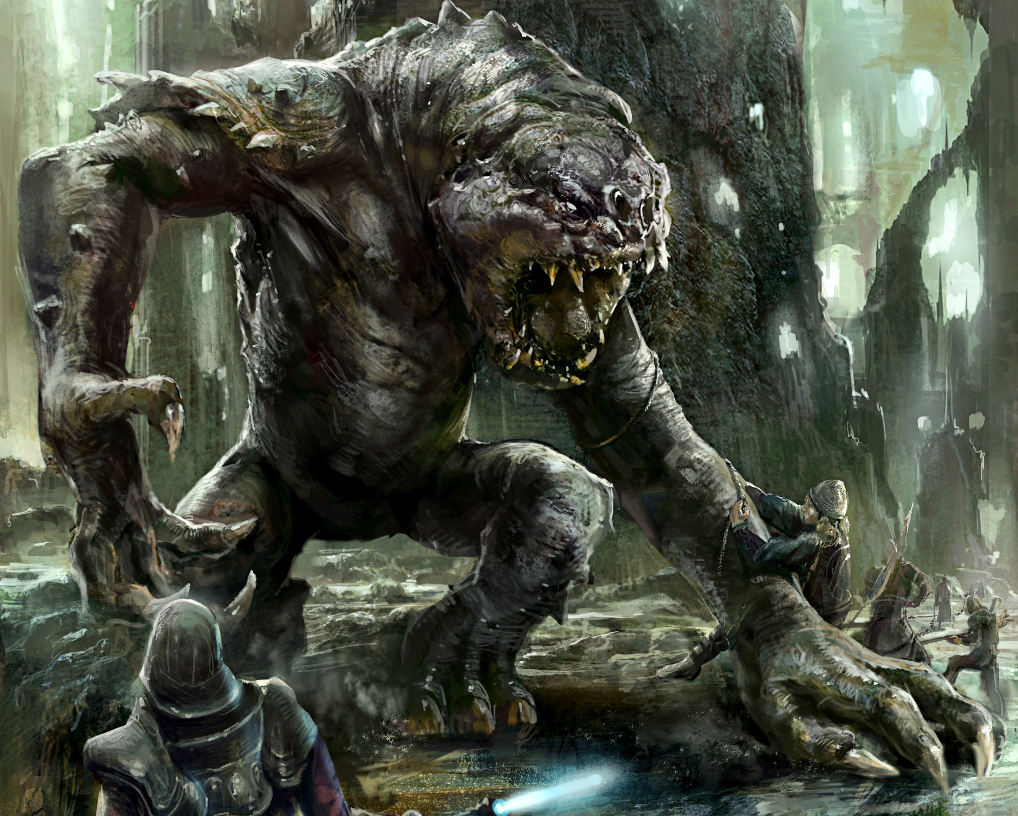 A bull rancor attacked by hunters.