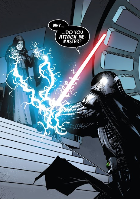 Vader defends himself against the Emperor's lighting attack.