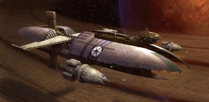 A pair of Hardcell-class transports flying escort with a Munificent-class star frigate.