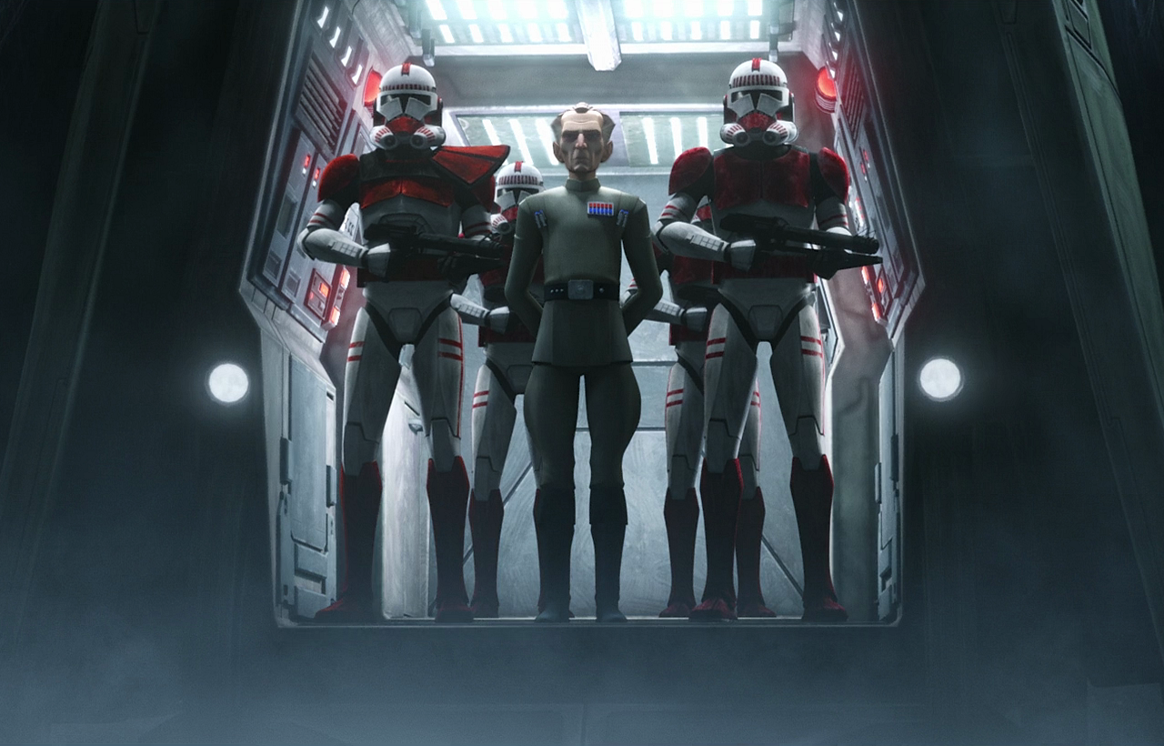 Admiral and Governor Wilhuff Tarkin informed the Kaminoans of the Empire's plans to replace clones with conscripts.