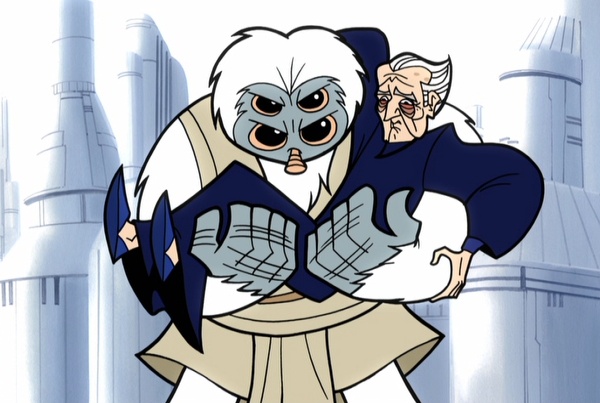 Jedi Moudama carries Chancellor Palpatine while fleeing General Grievous.