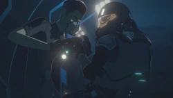 Kaz enters a scuffle with a First Order SCUBA trooper.