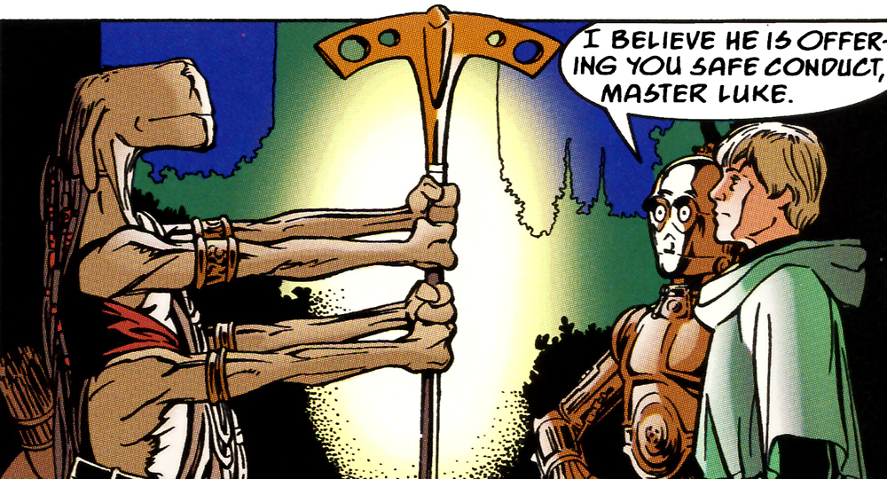 C-3PO makes contact with the native Myneyrshi during a mission to Wayland.