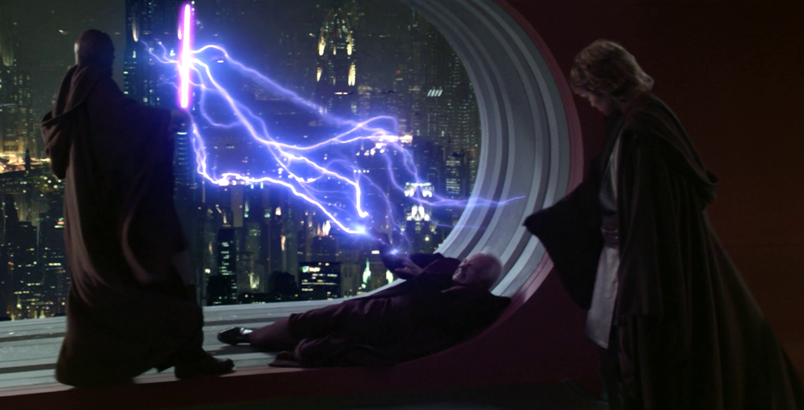 In a showdown between Mace Windu and Darth Sidious, Anakin Skywalker faces his destiny to turn to the dark side of the Force.