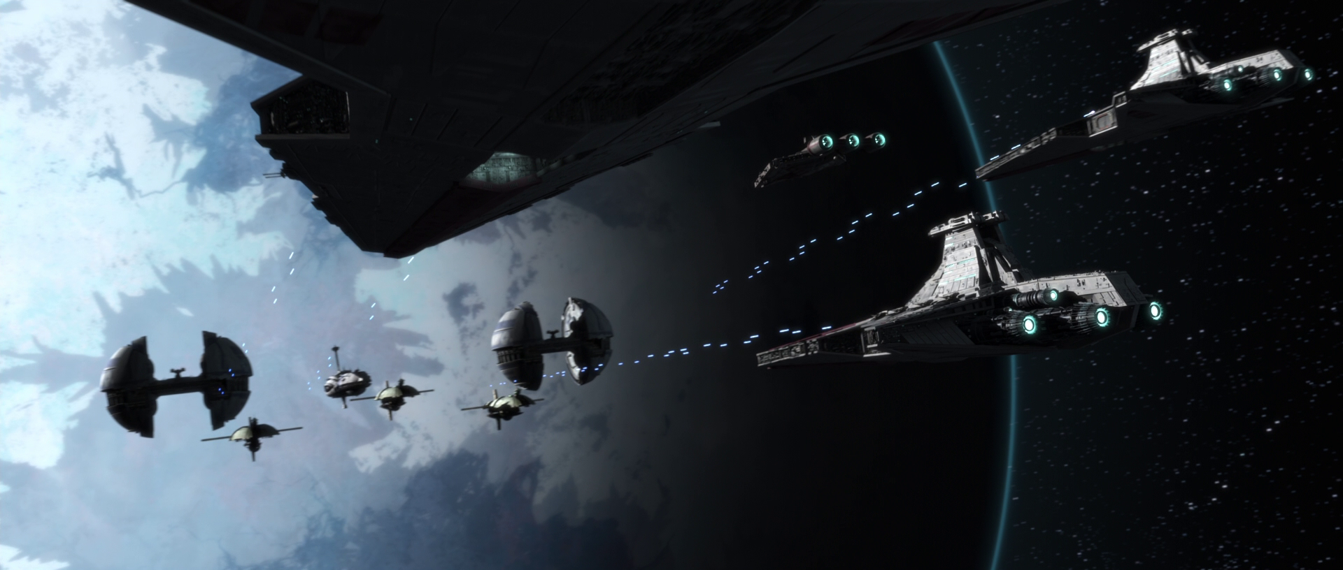 Count Dooku's fleet exchanges fire with the Republic fleet.