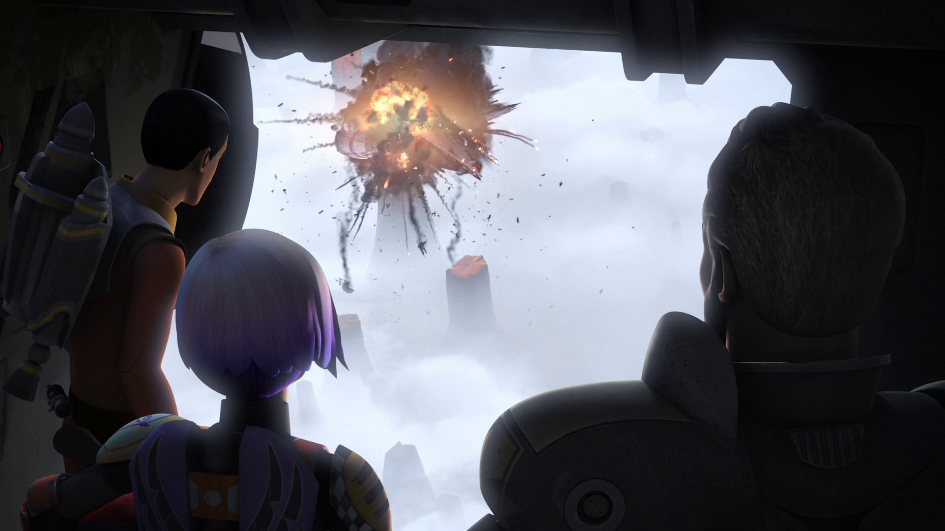 Ezra, Sabine, and Saw witness the destruction of the Marauder