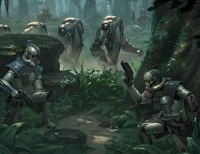 Colt (front right), with other members of Rancor Battalion ambush a column of B2 super battle droids.