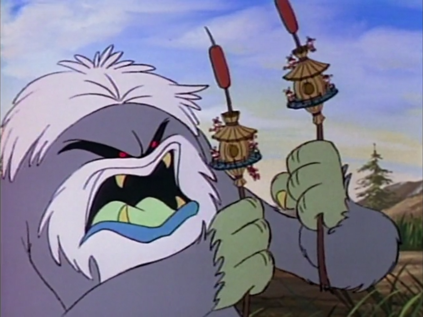 Two houses of mimphs come under attack by a creature during the opening credits of the second season of Ewoks.