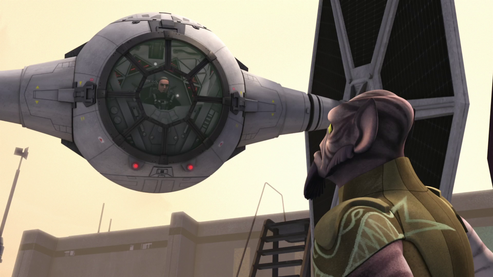 Rudor targets Orrelios in his TIE fighter.