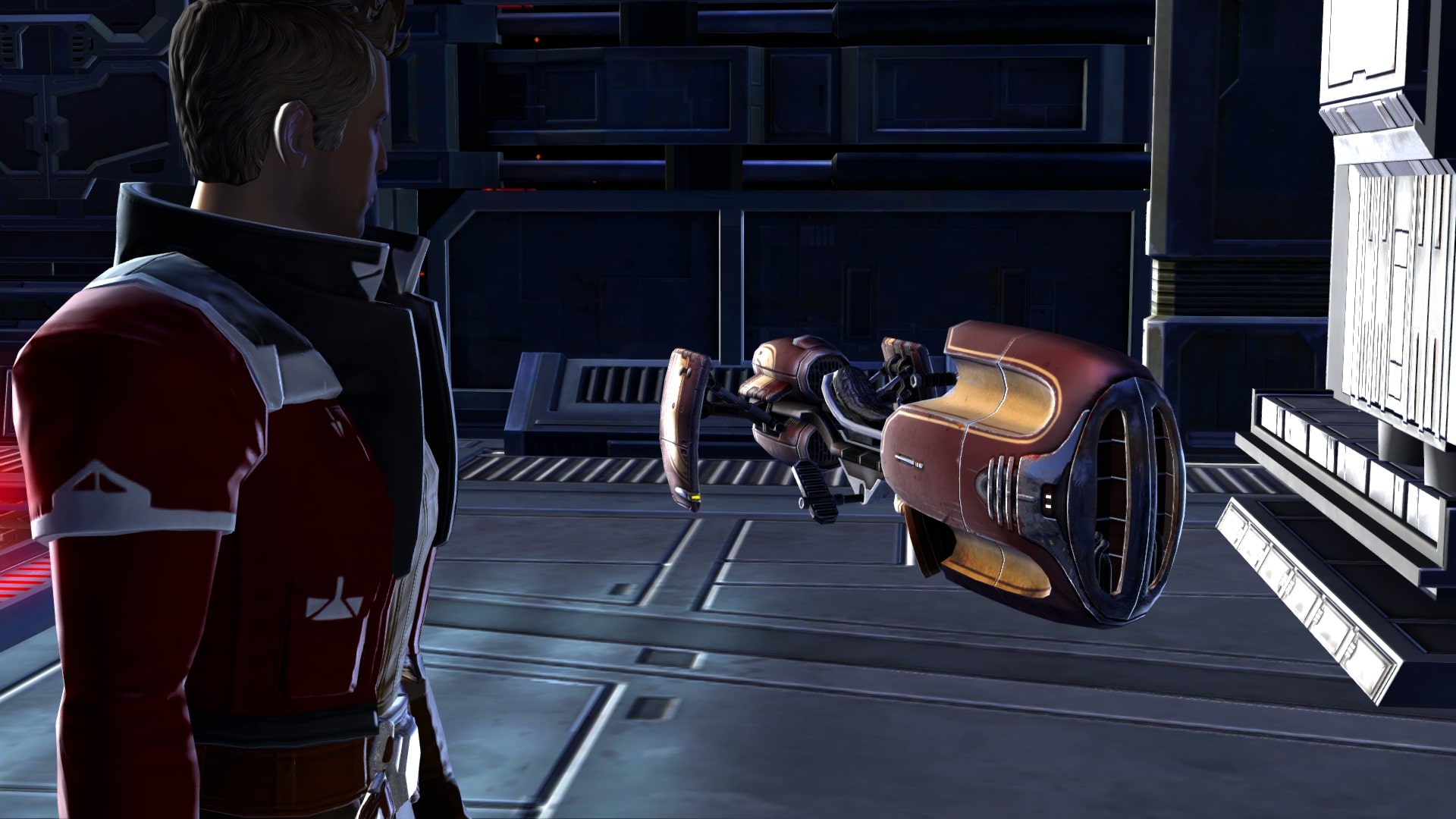 Theron Shan escapes the train on a speeder bike.